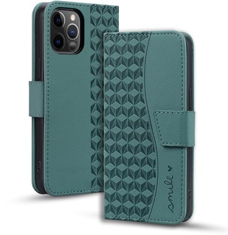 LOLFZ for iPhone 12 iPhone 12 Pro Case, Flip Folio Wallet Case Premium PU Leather Card Holder Kickstand TPU Shell Magnetic Closure Shockproof Phone Cover for iPhone 12/12 Pro - Green