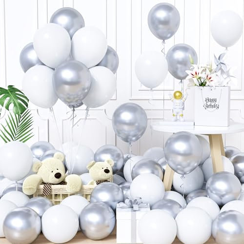 Unisun Luftballons Weiß und Silber, 60Stück 12Zoll Ballons Matt Weiß Silber Latex Luftballon Mädchen Frauen Babyparty Geburtstag Hochzeit Jubiläum Abschlussfeier Verlobung Bachelor Brautparty Deko
