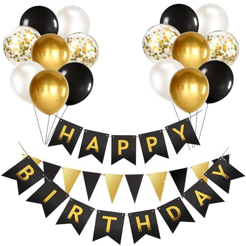 Luftballons Geburtstag Dekoration Set, Schwarz Gold Geburtstagsdeko Happy Birthday deko Banner Party Deko Geburtstag Set mit Luftballons Konfetti Ballons Dreiecksflaggen Girlanden(BK&GD+PT)