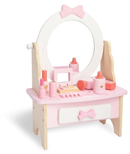 WOODENFUN Rosa Mädchen hölzerner Schminktisch, kreisförmiger Bogen geformter Spiegel, der 360° drehen kann, Schublade, ausgestattet mit 7pcs Make-up Zubehör, Desktop Make-up Tisch