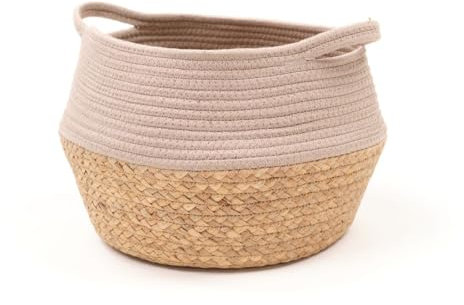 LA FACTORY Panier Rond Tressé Cosy en Coton Et Jacinthe d'eau - Beige - D 27 X H 23 Cm