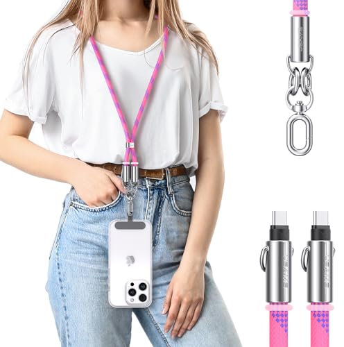 enablink Chaîne universelle pour téléphone portable, Handy Lanyard, Convient pour tous les smartphones, 60W USB C vers C câble de chargement Bande de téléphone portable Réglable et amovible Rose