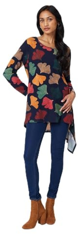 Izabel London Leaf Print High Low Tunic Top for Women UK with Round Neck, Long Sleeves and Hanky Hem.
