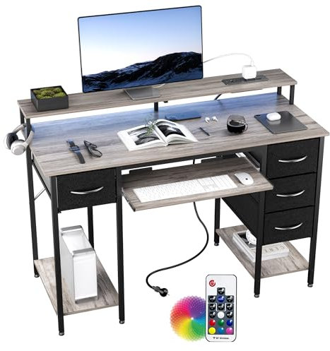 BEXEVUE120x50 Office Desk with LED & Power Outlets, Computer Table with Keyboard Tray, Modern Gaming Desk with 4 Reversible Drawers, Large Storage Shelf Workstation for Study, Home Office, Grey