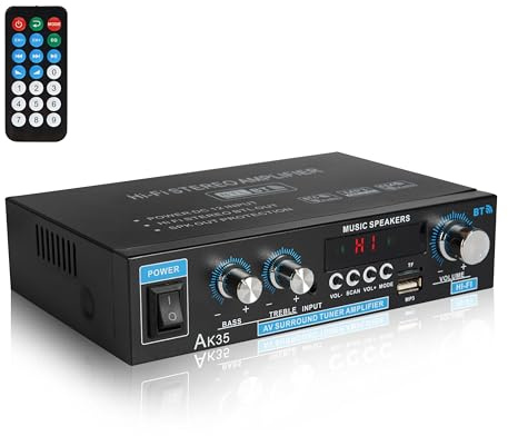 Stereo Amplifier AK35 Bluetooth 5.0 Max 200W 2.0 Channel Mini Amplifier Stereo Receivers for Car, Home Party, Audio Amplifier AMP w/USB/TF Card/AUX Input/Bass & Treble Control