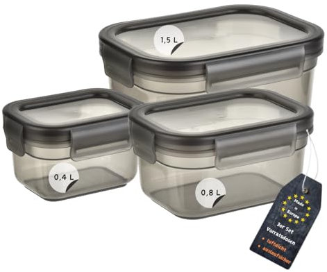 Engelland - 3er Set Aufbewahrungsdosen mit Deckel, luftdicht, auslaufsicher, stapelbar, Vorratsdose, BPA-frei, Kunststoff, verschiedene Größen, 0,4 L / 0,8 L / 1,5 L, transparent-grau