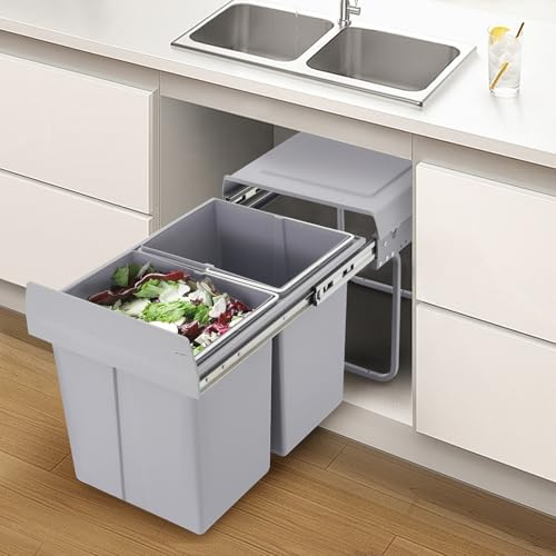DHQCQL Ausziehbarer Mülleimer Küche, 20L Abfallsammler Einbau Unterschrank mit 2 Fächer, 49 * 35 * 43cm Einbaumülleimer für Häuser, Restaurants, Büros, Bäder, Küchen, Grau