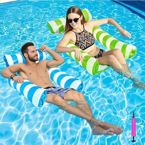 Hamaca Inflable, Hamaca Flotante Piscina 4 En 1 Hamaca De Agua De Aire Flotadores Piscina Silla Flotante Colchoneta Hinchable Piscina Tumbona con Bomba para Adultos y NiñOs (Azul+Verde)