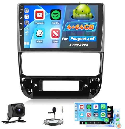 Roinvou 4+64G Radio Coche para Peugeot 406 1999-2004 Carplay Inalámbrico Android Auto, Android 15 Pantalla Radio 2DIN 9 Pulgadas con MirrorLink Bluetooth WiFi GPS 32EQ RDS/FM SWC Cámara