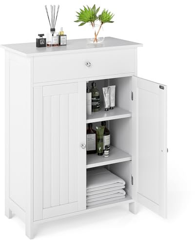 GIANTEX Meuble Salle de Bain sur Pied avec 2 Portes, Grand Tiroir, Étagère Réglable sur 3 Niveaux, Armoire Salle de Bain Rangement pour Salon, Chambre, Cuisine, Petit Espace, Blanc