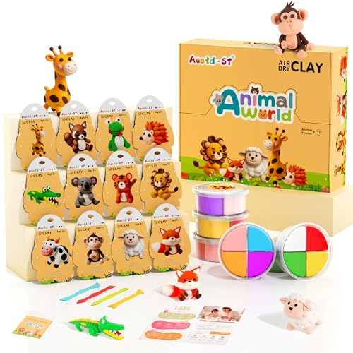 Aestd-ST Lufttrocknendes Ton-Set – Tier-Thema, Modelliermasse für Kinder, DIY Magic Clay mit Modellierwerkzeugen und Tutorials, 12 Boxen Formton, weich und antihaftbeschichtet, Kunst und Handwerk