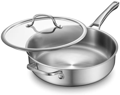 Tri-Ply Stainless Steel Saute Pan with Lid, Deep Induction Frying Pan, Non-Toxic Skillet Pan for All Hobs, Oven Safe Up to 500℉