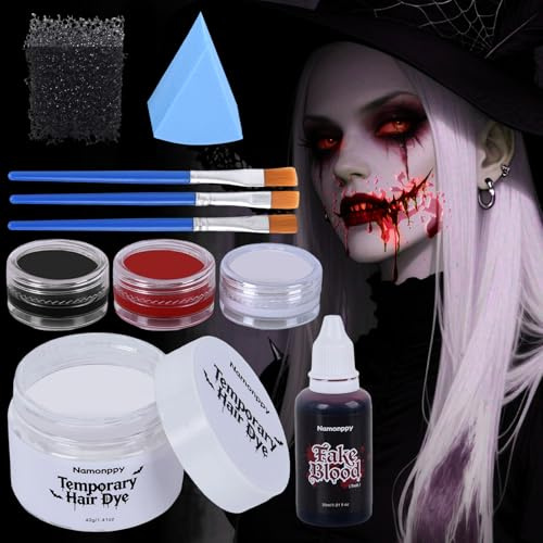 Kit de Maquillaje Halloween con Pintura Facial, Sangre Falsa y Tinte Instantáneo ¡Magia Negra para Vampiro, Zombi y Bruja!
