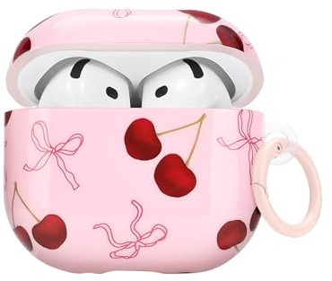 Newseego für Airpods 4 Hülle, Süß Rosa Kirsche Bow Schleife Muster Case mit Rundem Karabiner Flexibel TPU Schutzhülle Stoßfest Dünn Niedlich Kompatibel mit AirPods 4. Generation