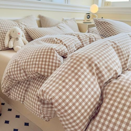 Nayoroom Bettwäsche 140x200 Braun Weiß Kariert Landhausstil Style Bettbezug 2er Karo Gingham Muster Gewaschene Mikrofaser Renforce Bettwäsche-Sets mit Reißverschluss und 1 Kissenbezug 70x90 cm