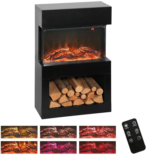 HOMCOM Chimenea eléctrica de pie efecto llama 3D con 6 colores y 3 brillos y caja de leña, chimenea eléctrica 1000W/2000W con termostato, calefacción regulable, mando a distancia, temporizador, 30㎡,
