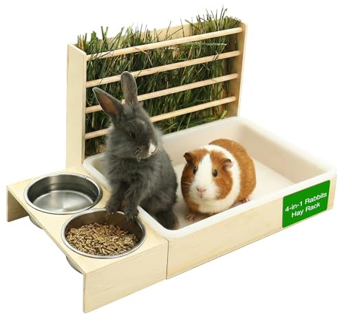 Kaninchen Heu Feeder mit 2 Näpfen, 4 in 1 Heuraufe Holz Futterspender, Hasentoilette, für Kaninchen, Meerschweinchen, Chinchillas, Hasen und andere Kleintiere 54 x 36.5 x 28cm