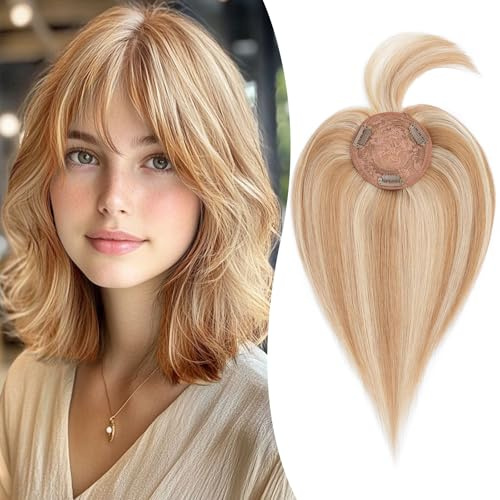 S-noilite Echthaar Hair Topper für Frauen mit Pony Haarteile für Dünnes Haar Echtes Menschliches Haar Mono Basis Clip in Haarverlängerung 15cm - 26g #12/613 Light Golden Brown/Weißblond