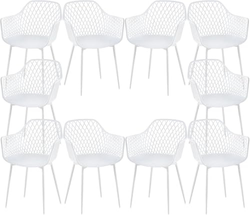 buybyroom Lot de 10 chaises de jardin, de balcon, d'extérieur, assise en polypropylène, pieds en métal, avec accoudoirs, guides réglables en hauteur, charge maximale de 120 kg, blanc