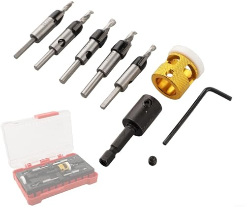 5 tlg. Senkbohrer Set, Senkkopf Bohrersatz mit verstellbarem Tiefenanschlag, Hartmetall Schneidkanten, für Holz, Spanplatten, MDF und Kunststoff, Sechskant Schaft