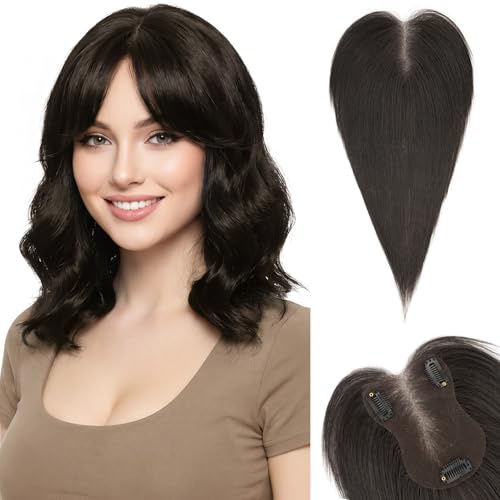 SEGOHAIR Echthaar Hair Topper für Frauen mit Seitlicher Pony Handgebundene 3,54 x 4,72 Lace-Basis-Haarteil mit 3 Clips einfaches Clip-in leichte atmungsaktive Basis #1B Natürliches Schwarz