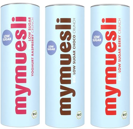 mymuesli Bio Low Sugar Müsli 3er Set (3x 575g) – Berry Crunch (vegan), Choco Crunch (vegan) & Raspberry Yoghurt – weniger als 5% Zuckerateil - zuckerarmes Frühstück, knuspriges Crunchy ohne Palmöl