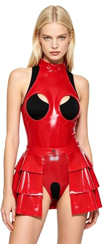 Damen Lack Leder Outfit Wetlook Catsuit Ouvert Brustfrei Und Lederrock Set | Wetlook Brustfreier Body, Cut Out, Offener Schritt, Rückenfrei Wetlook Gestufter Minirock, Pole Dance Outfit, Party Clubwear