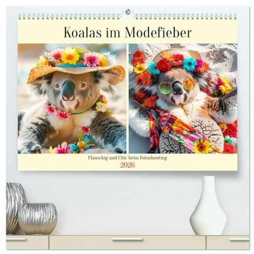 Koalas im Modefieber. Flauschig und Chic beim Fotoshooting (hochwertiger Premium Wandkalender 2026 DIN A2 quer), Kunstdruck in Hochglanz: Der modische ... Haute Couture Models (CALVENDO Tiere)
