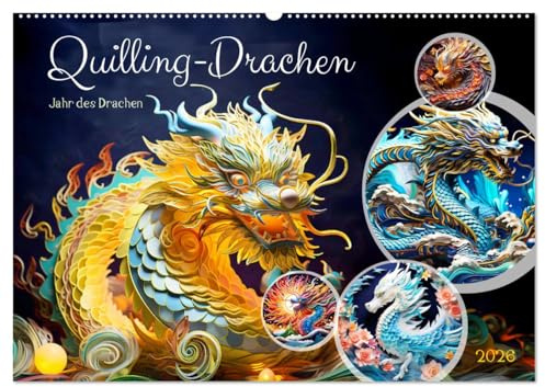 Quilling-Drachen - Jahr des Drachen (Wandkalender 2026 DIN A2 quer), CALVENDO Monatskalender: Drachentanzzauber: Ein Quilling-Papierkalender für das Chinesische Tierkreiszeichen (CALVENDO Kunst)