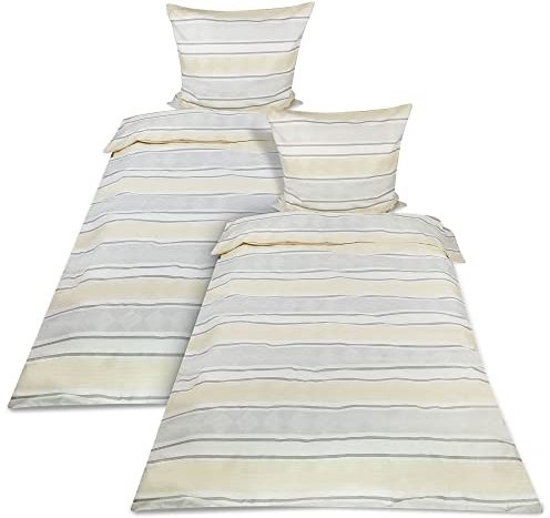 Beautissu Biber Bettwäsche 135x200 cm 2er Set Viola – 100% Baumwolle Warme Flanell Winterbettwäsche - Biberbettwäsche 2X Bettbezug & 2X Kissenbezug 80x80 cm, Feinbiber Bettwäsche-Sets Biber Beige