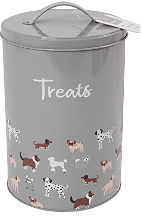 YöL Dog Treat Tin Grey Illustrated Puppy Food Storage Container With Lid Tub Jar