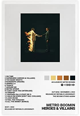 RIPEX Metro Boomin Poster Helden & Bösewichte Album Cover Poster Leinwand Schlafzimmer Dekor Sport Landschaft Büro Zimmer Dekor Geschenk Rahmen Stil 30 x 45 cm