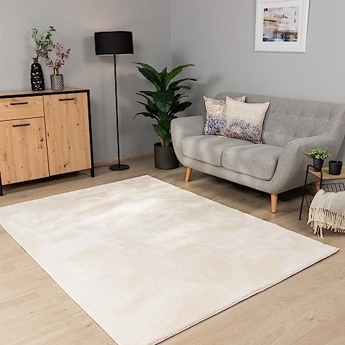 Paco Home Teppich Wohnzimmer Schlafzimmer Kurzflor Waschbar Einfarbiges Muster Flauschig Weich rutschfest Moderne Deko, Grösse:160x220 cm, Farbe:Creme