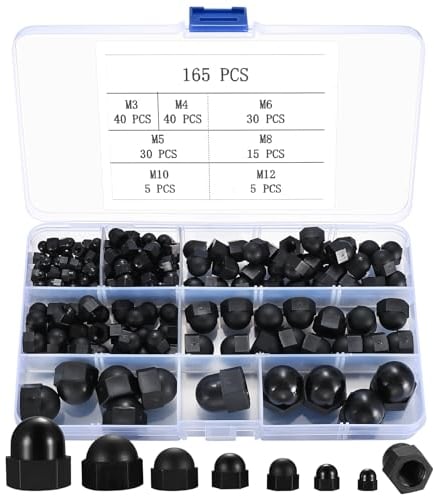 165 Piezas Tuercas Bellota, Tuerca Sombrerete Alta, Tuercas Ciegas Hexagonales de nylon, Tuercas Tapones Roscados para Tornillos - M3/M4/M5/M6/M8/M10/M12