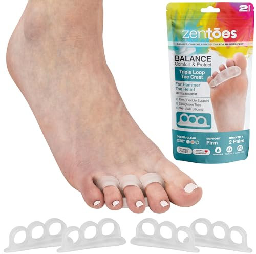 ZenToes Hammertoe Corrector Gel Toe Straighteners with 3 Separator Loops - Realign Bent, Crooked, Curled, Claw, Hammer Toes - Cushion Crest for Men and Women - Firm Support, Clear