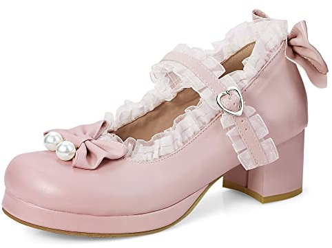 elerhythm Mary Jane - Scarpe da donna con plateau e tacco largo, carino, per cosplay, kawaii, con fiocco, in pizzo, con lacci incrociati, punta rotonda e cinturino alla caviglia, Rosa 2, 37 EU