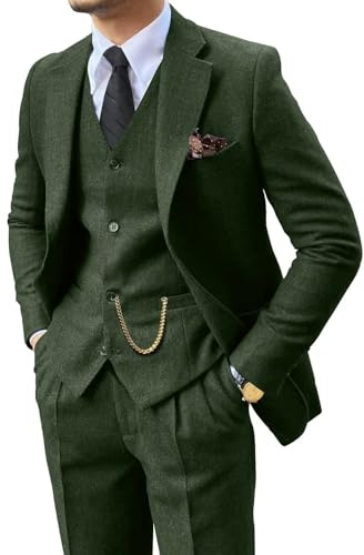 Retro 3 Piece Suit Tweed Herringbone Men's Suits Slim Fit Groom Tuxedos Set Prom Brown Grey Jacket Blazer Vest Pants Green S