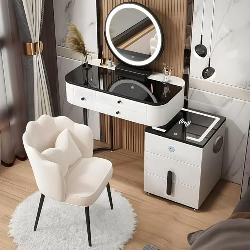 MJKCBD Dressing Table with LED Lights Mirror - White Vanity Makeup Table Set with Bluetooth Speaker & USB/Wireless Charging, 5 Drawers and Cushioned Stool (Table+Chair+Cabinet) 31.5″,White 31.5inch