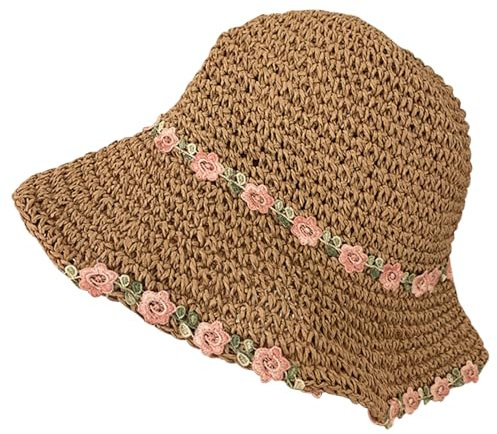 Straw Hat Women Women's Sun Hats Women Straw Hat Wide Brim with Embroidered Flower Ladies Sun Hat Beach Sun Cap Foldable Suitable for Hiking, Camping, or Tourism (UK, Alpha, M, L, Coffee)