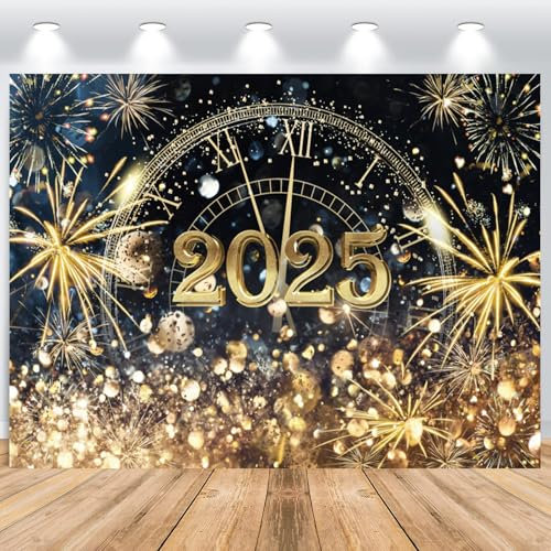 ASDCXZ 2025 Neujahr Foto Hintergrund 2.2x1.5m, Glitter Gold Partikel Feuerwerk Uhren Countdown Fotowand Hintergrund, Vinyl Frohes Neues Jahr Familienfeier Ornamente Fotografie Hintergrund Banner