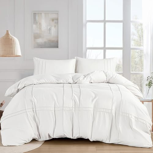 Pintuck Pinch Pleated White Duvet Cover King Size Grid Textured Duvet Cover Set Bedding, Includes 1 Duvet Cover & 2 Pillowcases (White, 220x230cm)