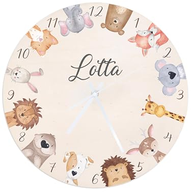 wunderwunsch® - Personalisierte Wanduhr Kinder aus Holz mit Spezial-Druck - Lautloses Uhrwerk mit Aufhängung - Babyzimmer Deko Kinderzimmer (Tiere im Kreis)