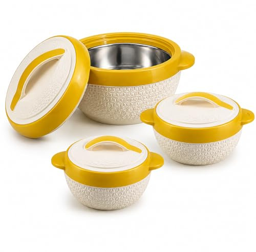 Milton Matrix Insulated Hot Pot Set 3 Piece, 2.5L 3.5L 5L Thermal Food Warmer Casserole Serving Bowls with Lids, Stainless Steel Inner, Yellow & Cream Hot Pots for Rice Curry Soup Family Meals