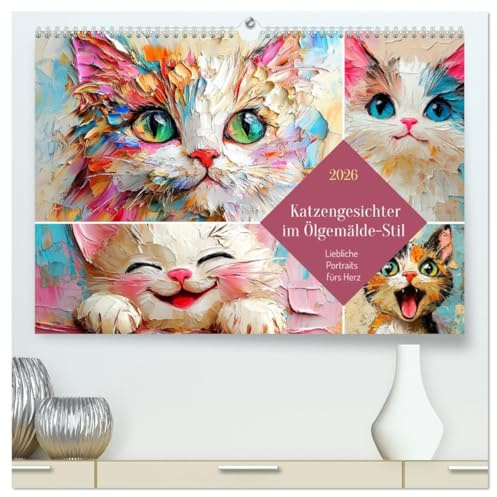 Katzengesichter im Ölgemälde-Stil. Liebliche Portraits fürs Herz (hochwertiger Premium Wandkalender 2026 DIN A2 quer), Kunstdruck in Hochglanz: Mit ... Samtpfoten durch das Jahr! (CALVENDO Tiere)