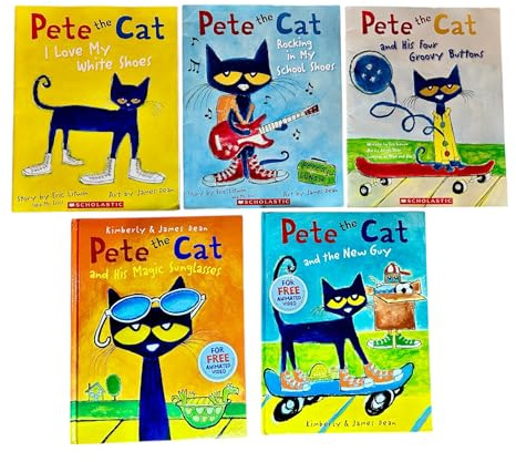 Pete the Cat Series 5 Books Collection Set (Pete the Cat I Love My White Shoes, Rocking in My School Shoes, His Four Groovy Buttons, His Magic Sunglasses & The New Guy)
