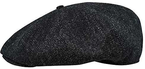 Sterkowski Peaky Style | Harris Tweed Schiebermütze für Herren | Cabrio Mütze Gatsby Cap 60 cm Schwarz/Anthrazites Fischgrätenmuster