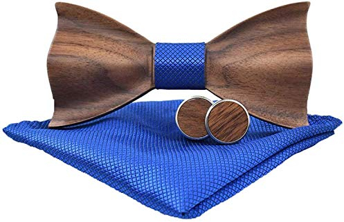 Holzfliege männer holz fliege herren klassische 3d geprägte hölzerne Fliege Set Plaid Quadrat Schal Manschettenknöpfe Lässige Massivholz Umweltschutz Set (Blau)