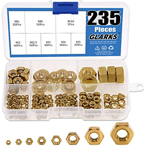Glarks 235Pcs Metric M2 M2.5 M3 M4 M5 M6 M8 M10 High-Strength Brass Hex Nuts Assortment Kit