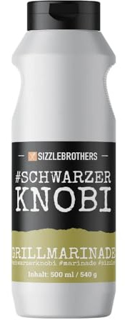 Grillmarinade #SchwarzerKnobi 500ml - Knoblauchmarinade mit fermentiertem Knoblauch – Flüssigwürze für Fleisch, Fisch & Gemüse – für bis zu 5kg Grillgut – SizzleBrothers