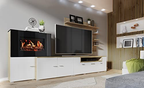 Skraut Home- Wohnmöbel mit elektrischem Kamin mit 5 Flammenstufen, mattweißer Oberfläche und gebürsteter Heller Eiche, 290 x 170 x 45 cm
